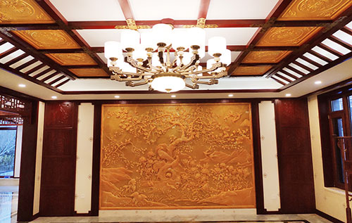 铜仁中式别墅客厅中式木作横梁吊顶装饰展示